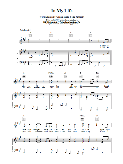 The Beatles In My Life sheet music notes and chords arranged for Piano, Vocal & Guitar Chords