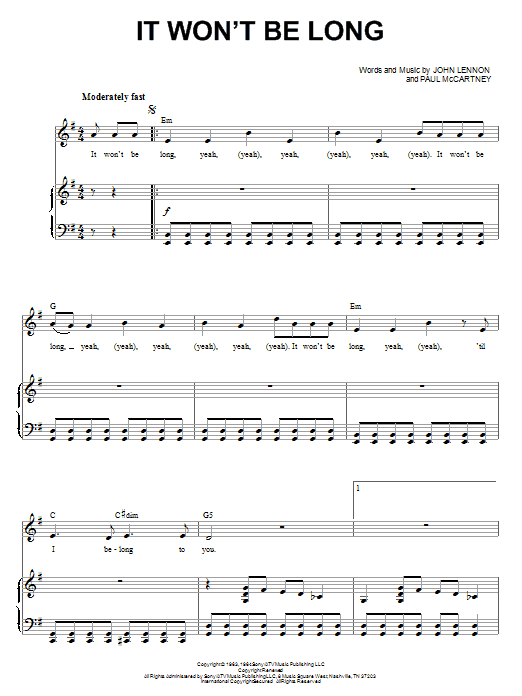 The Beatles It Won't Be Long (from Across The Universe) sheet music notes and chords arranged for Piano & Vocal