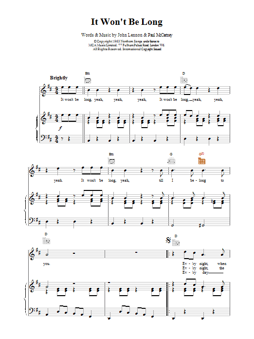 The Beatles It Won't Be Long sheet music notes and chords arranged for Piano, Vocal & Guitar Chords