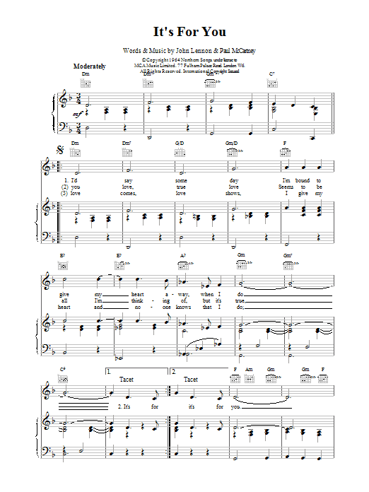 The Beatles It's For You sheet music notes and chords arranged for Piano, Vocal & Guitar Chords
