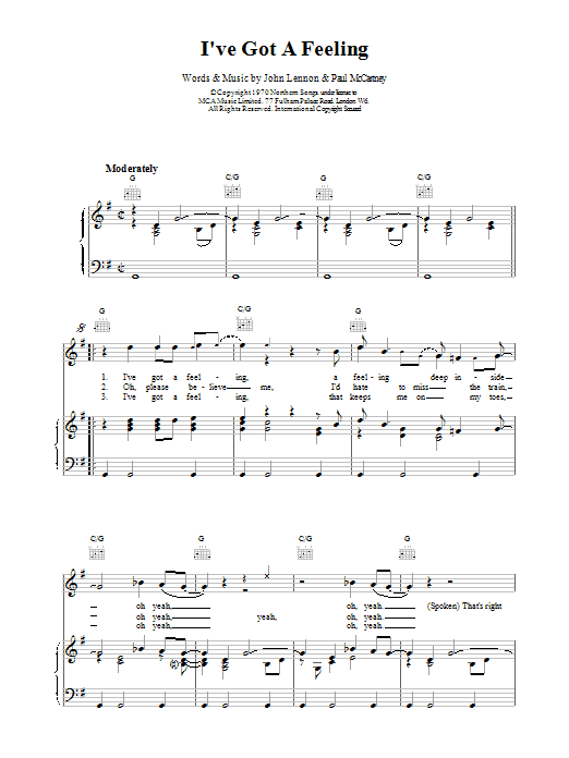 The Beatles I've Got A Feeling sheet music notes and chords arranged for Piano, Vocal & Guitar Chords
