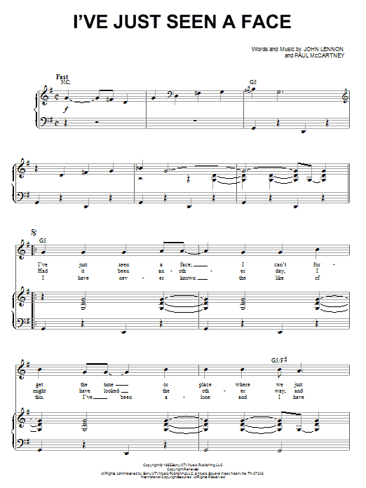 The Beatles I've Just Seen A Face (from Across The Universe) sheet music notes and chords arranged for Piano & Vocal