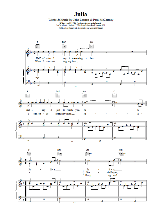 The Beatles Julia sheet music notes and chords arranged for Easy Guitar