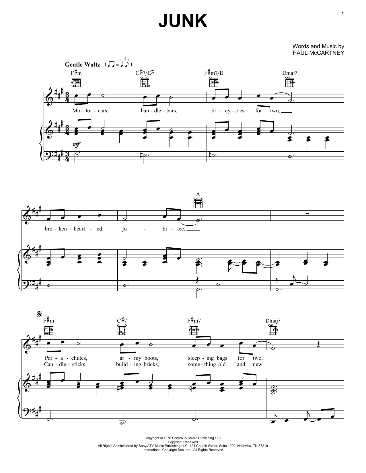 The Beatles Junk sheet music notes and chords arranged for Piano, Vocal & Guitar Chords (Right-Hand Melody)