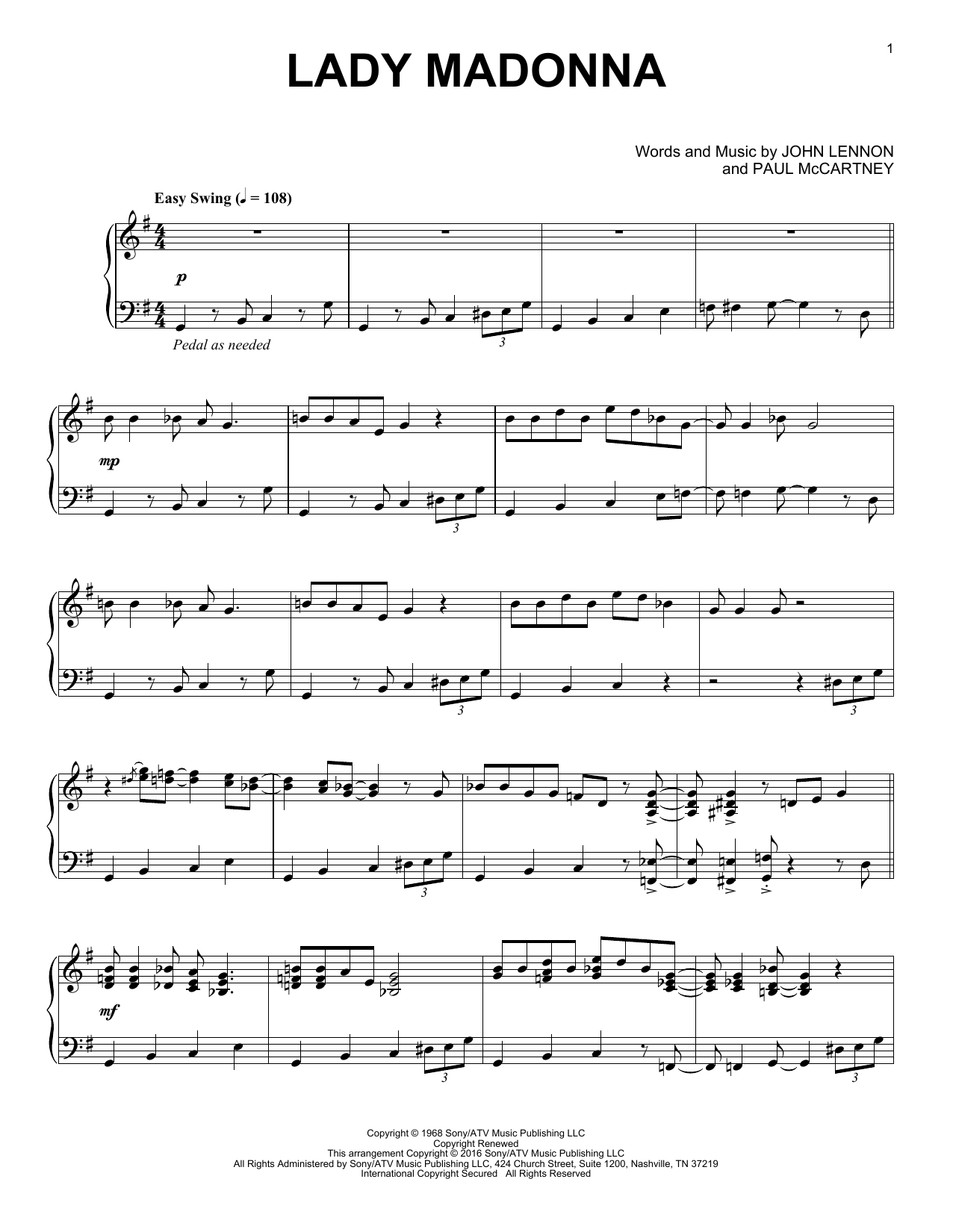 The Beatles Lady Madonna [Jazz version] sheet music notes and chords arranged for Piano Solo