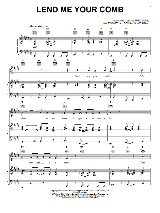 The Beatles Lend Me Your Comb sheet music notes and chords arranged for Piano, Vocal & Guitar Chords (Right-Hand Melody)