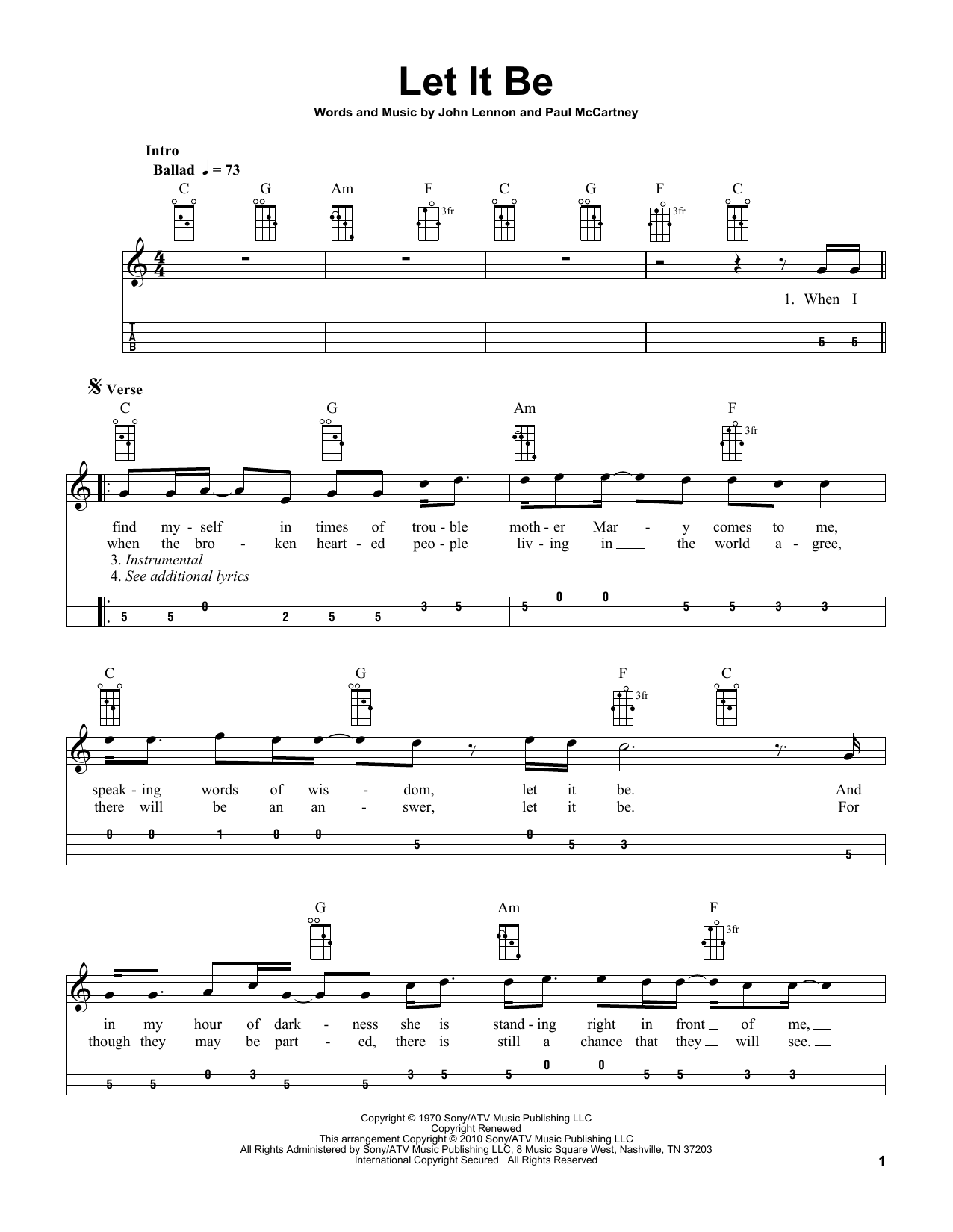 The Beatles Let It Be (arr. Bobby Westfall) sheet music notes and chords arranged for Mandolin