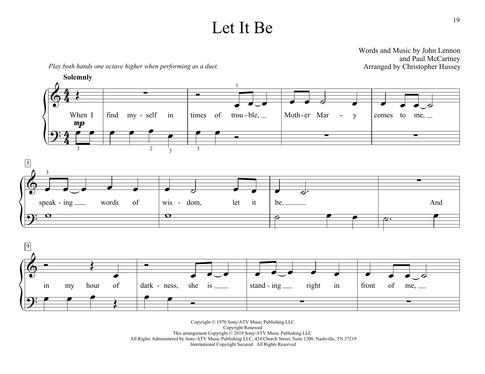 The Beatles Let It Be (arr. Christopher Hussey) sheet music notes and chords arranged for Piano Duet