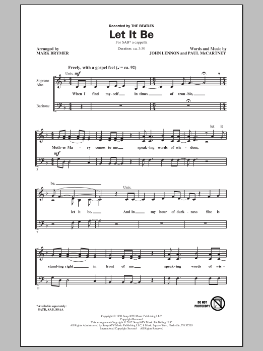 The Beatles Let It Be (arr. Mark Brymer) sheet music notes and chords arranged for SAB Choir