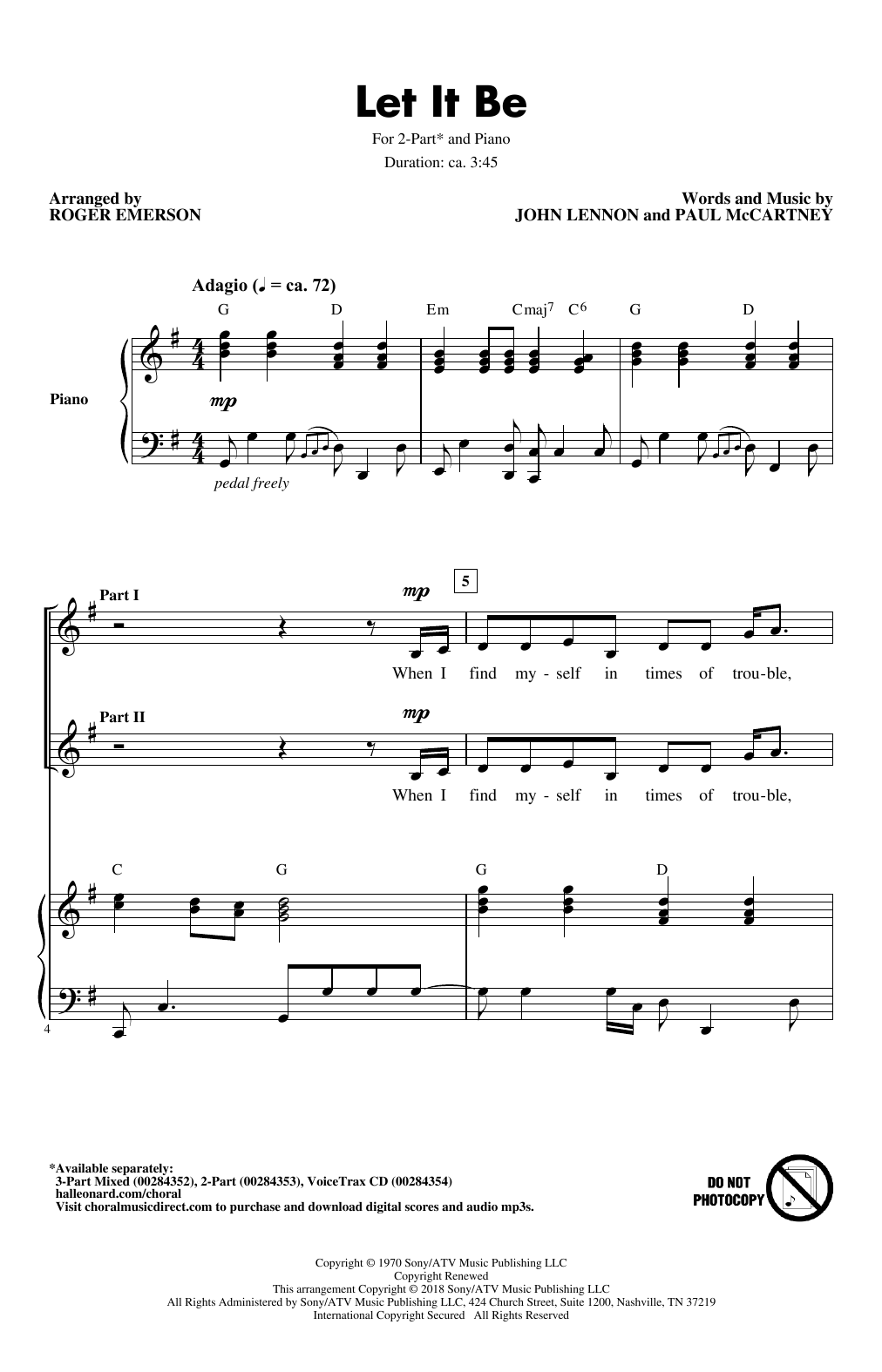 The Beatles Let It Be (arr. Roger Emerson) sheet music notes and chords arranged for 3-Part Mixed Choir