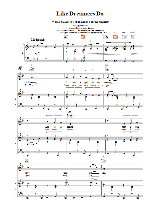 The Beatles Like Dreamers Do sheet music notes and chords arranged for Guitar Chords/Lyrics