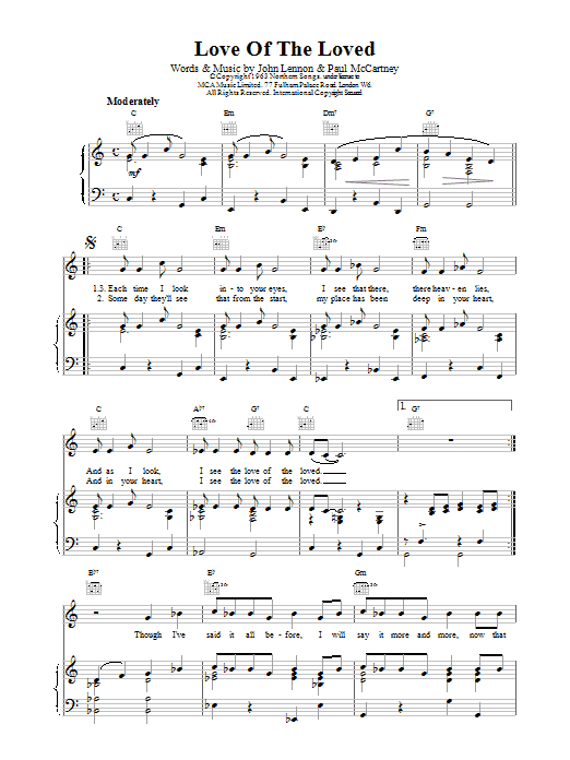 The Beatles Love Of The Loved sheet music notes and chords arranged for Piano, Vocal & Guitar Chords