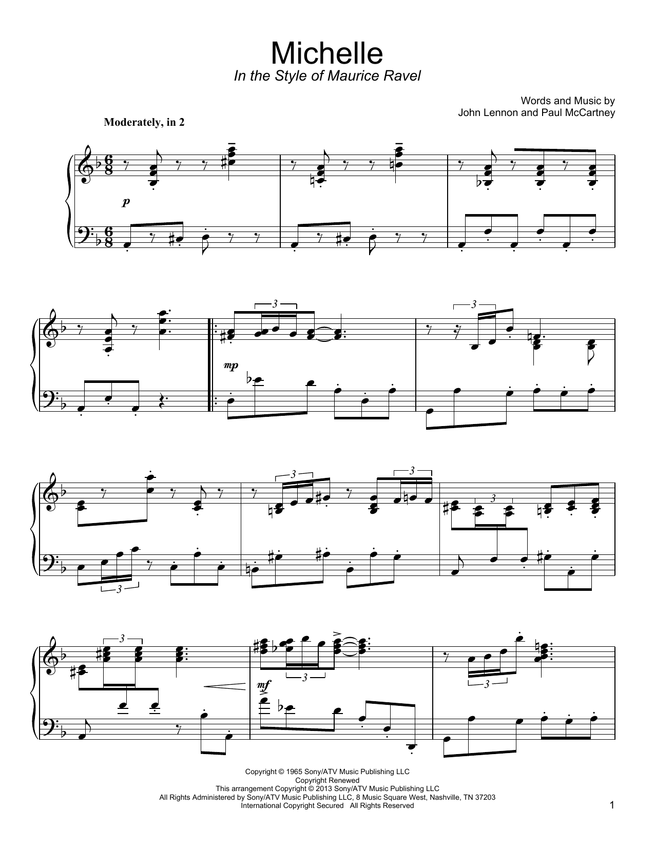 The Beatles Michelle (in the style of Maurice Ravel) sheet music notes and chords arranged for Piano Solo