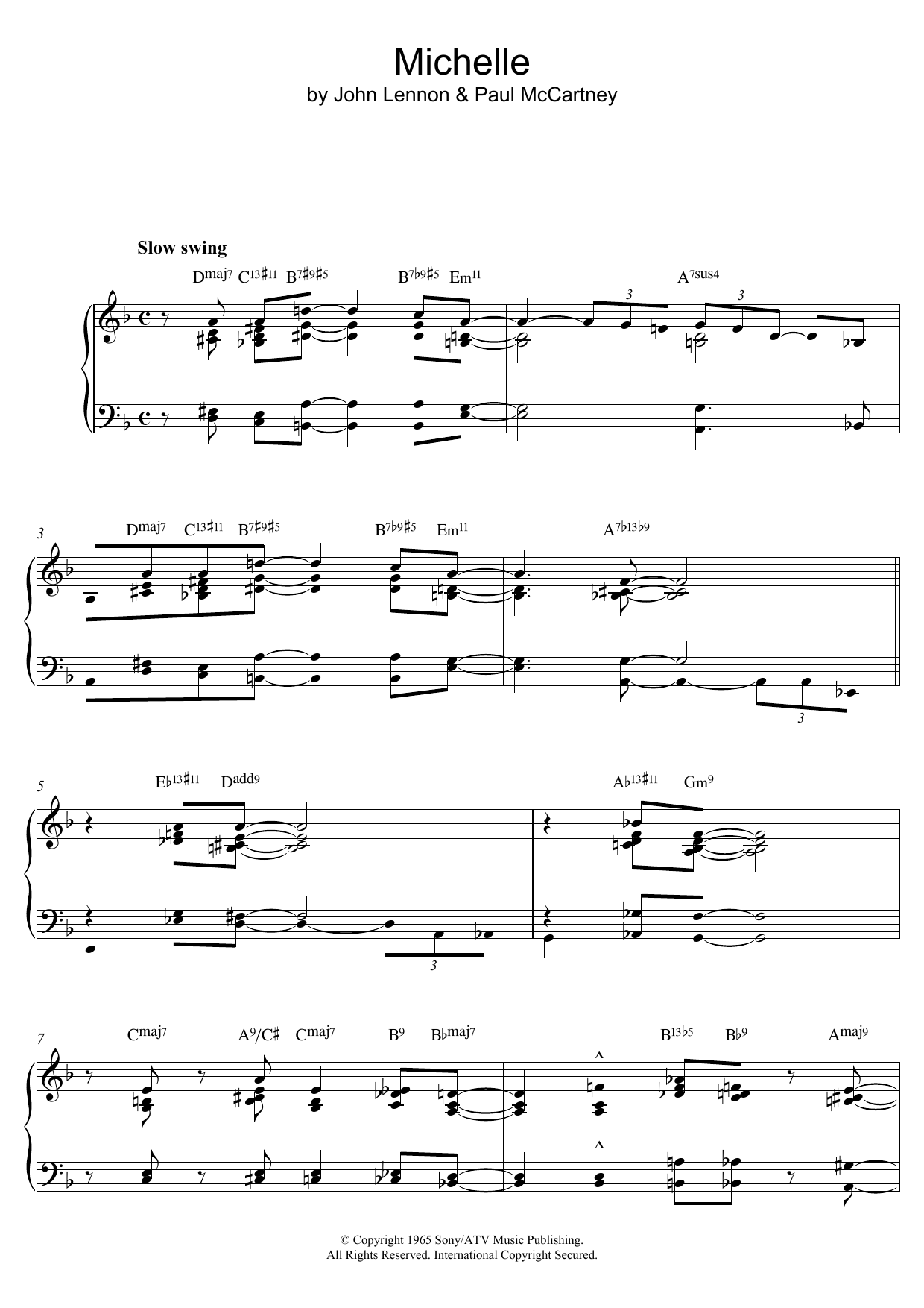 The Beatles Michelle (Jazz version) sheet music notes and chords arranged for Piano Solo