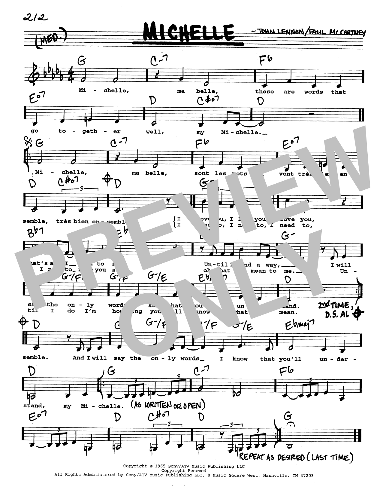 The Beatles Michelle (Low Voice) sheet music notes and chords arranged for Real Book – Melody, Lyrics & Chords