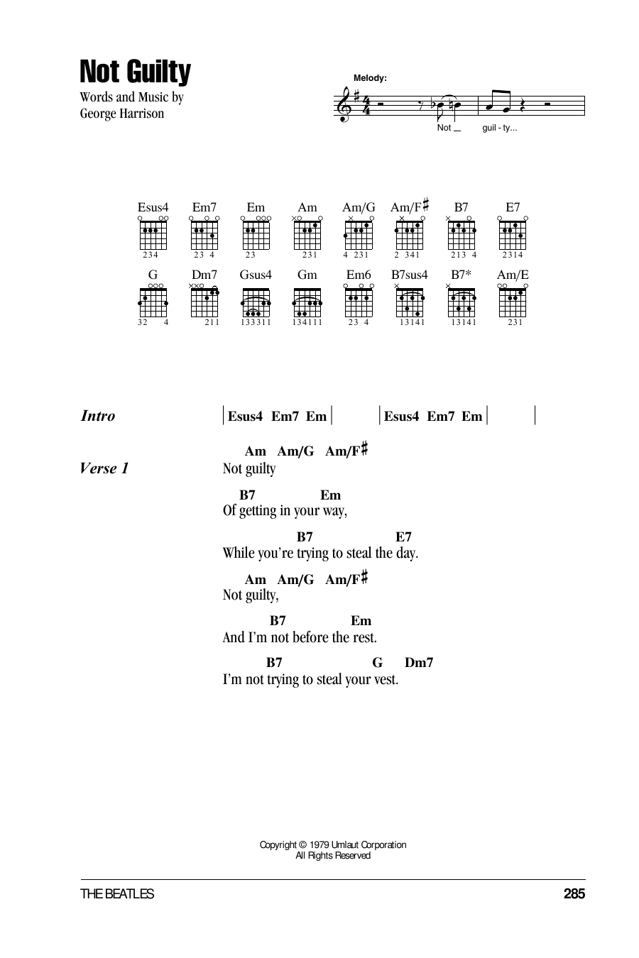 The Beatles Not Guilty sheet music notes and chords arranged for Guitar Chords/Lyrics