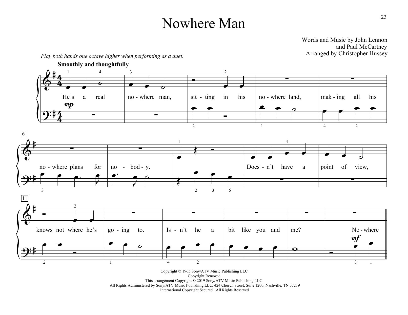 The Beatles Nowhere Man (arr. Christopher Hussey) sheet music notes and chords arranged for Piano Duet