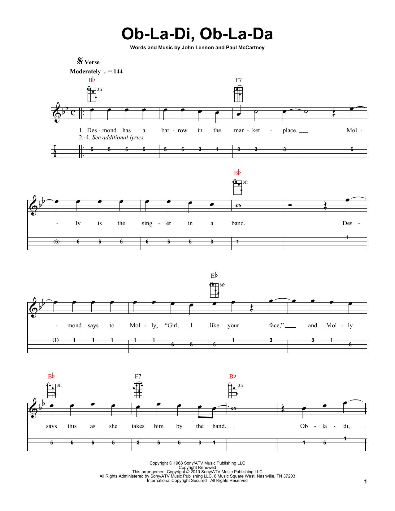 The Beatles Ob-La-Di, Ob-La-Da (arr. Bobby Westfall) sheet music notes and chords arranged for Mandolin