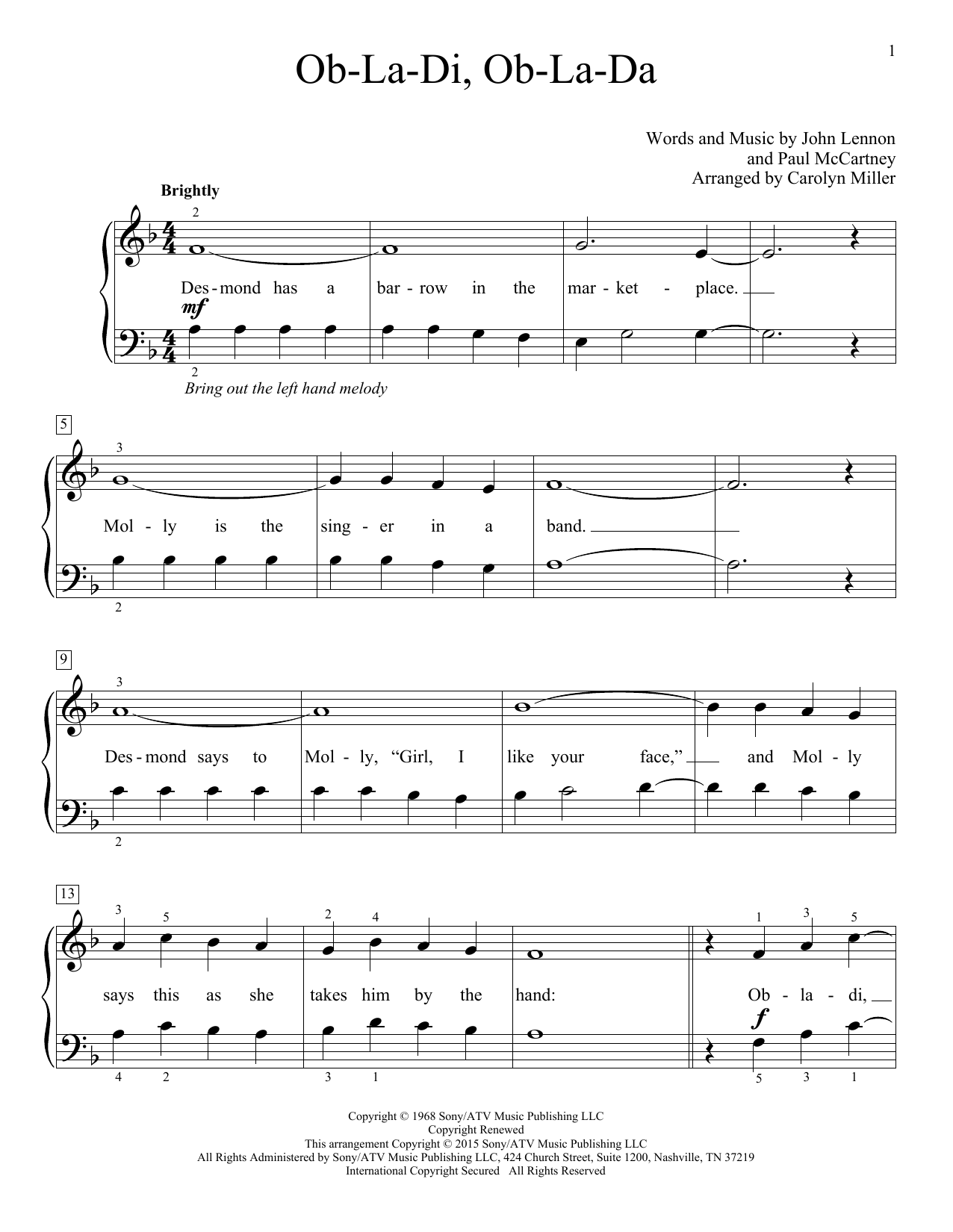 The Beatles Ob-La-Di, Ob-La-Da (arr. Carolyn Miller) sheet music notes and chords arranged for Educational Piano