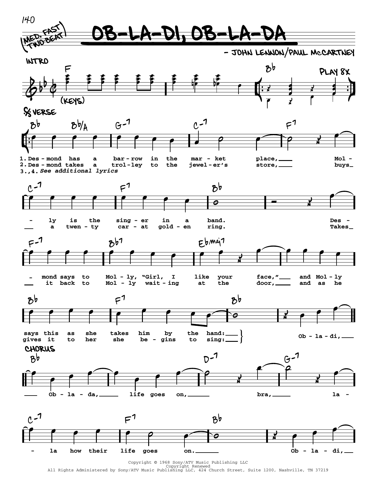The Beatles Ob-La-Di, Ob-La-Da [Jazz version] sheet music notes and chords arranged for Real Book – Melody, Lyrics & Chords