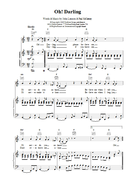 The Beatles Oh Darling sheet music notes and chords arranged for Piano, Vocal & Guitar Chords