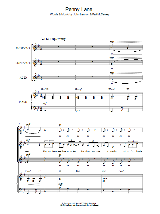 The Beatles Penny Lane (arr. Simon Foxley) sheet music notes and chords arranged for SSA Choir