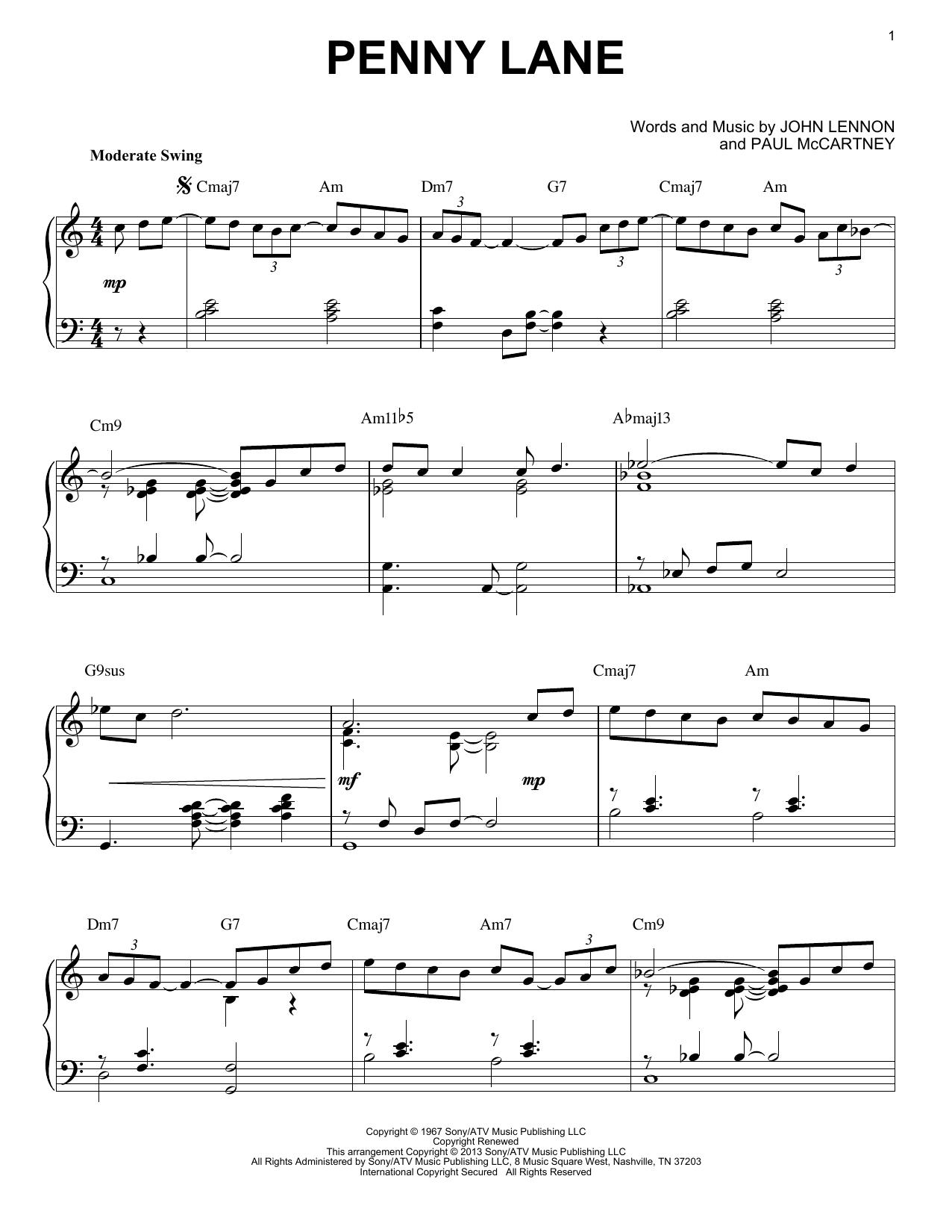 The Beatles Penny Lane [Jazz version] (arr. Brent Edstrom) sheet music notes and chords arranged for Piano Solo