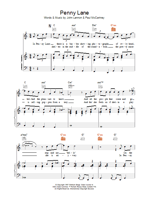 The Beatles Penny Lane sheet music notes and chords arranged for Piano, Vocal & Guitar Chords