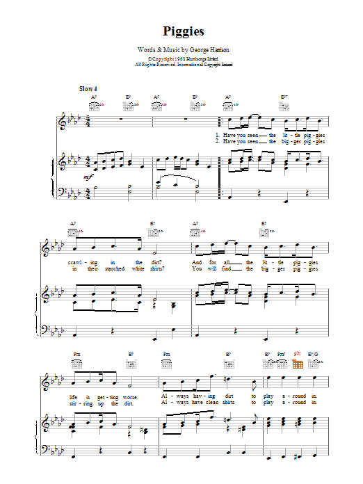 The Beatles Piggies sheet music notes and chords arranged for Piano, Vocal & Guitar Chords (Right-Hand Melody)