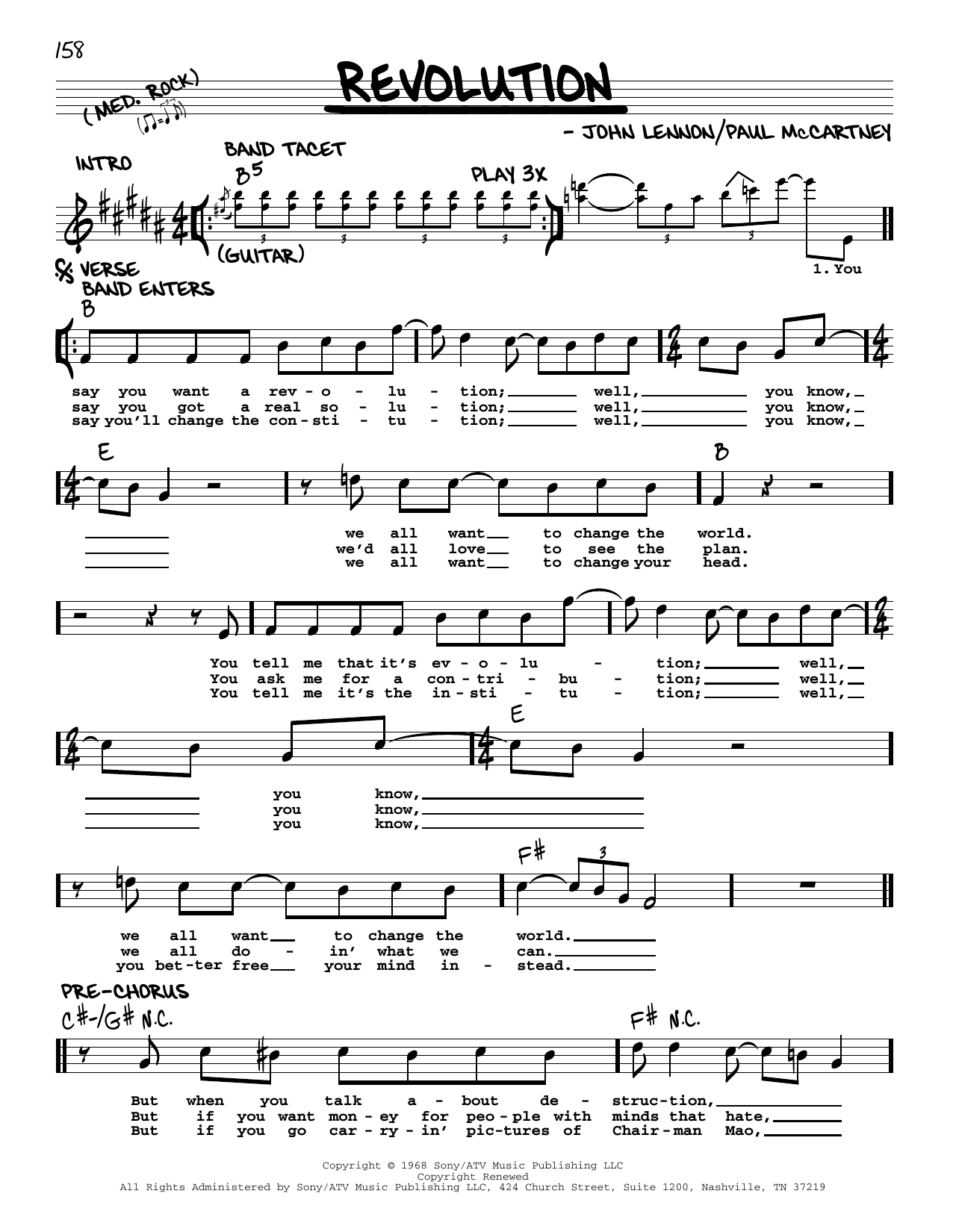 The Beatles Revolution [Jazz version] sheet music notes and chords arranged for Real Book – Melody, Lyrics & Chords