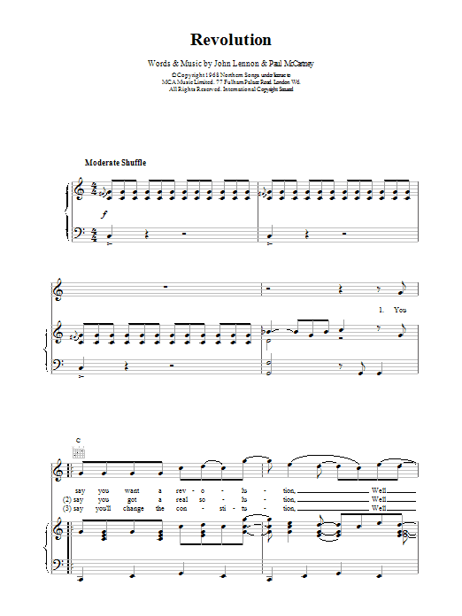 The Beatles Revolution sheet music notes and chords arranged for Guitar Lead Sheet