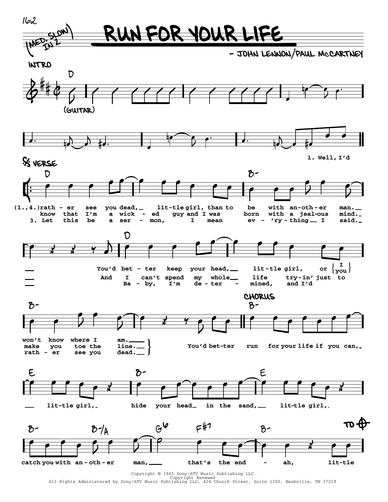 The Beatles Run For Your Life [Jazz version] sheet music notes and chords arranged for Real Book – Melody, Lyrics & Chords