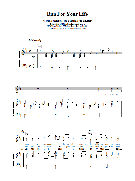 The Beatles Run For Your Life sheet music notes and chords arranged for Clarinet Solo
