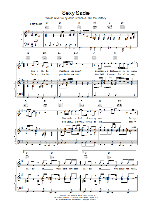 The Beatles Sexy Sadie sheet music notes and chords arranged for Piano, Vocal & Guitar Chords (Right-Hand Melody)