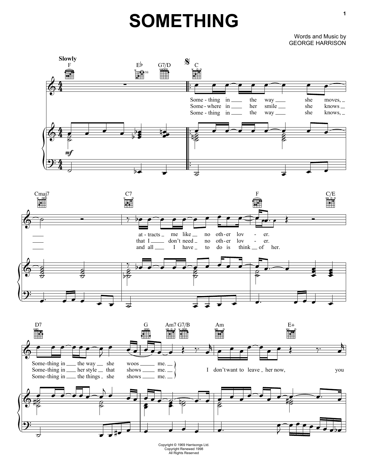 The Beatles Something sheet music notes and chords arranged for Piano, Vocal & Guitar Chords (Right-Hand Melody)