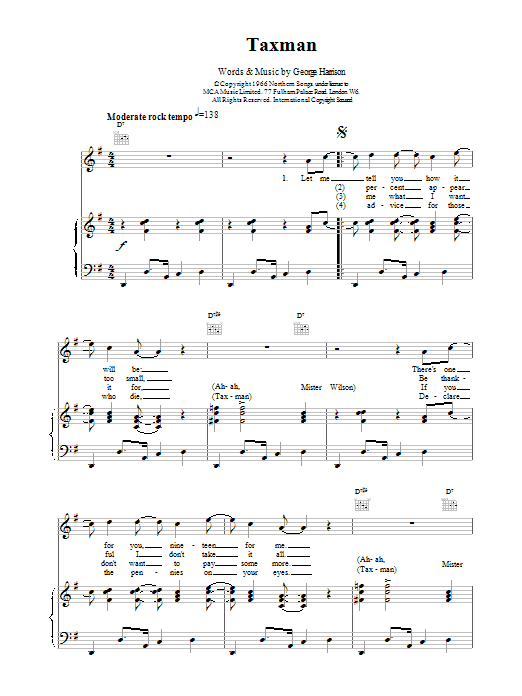 The Beatles Taxman sheet music notes and chords arranged for Easy Bass Tab