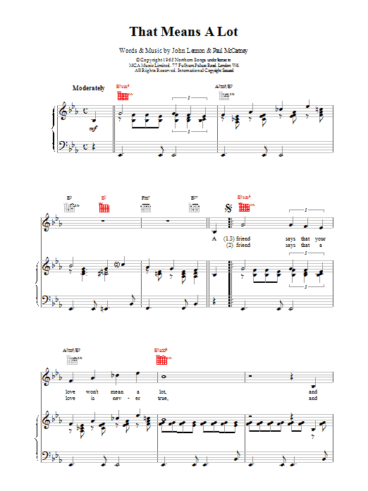 The Beatles That Means A Lot sheet music notes and chords arranged for Piano, Vocal & Guitar Chords