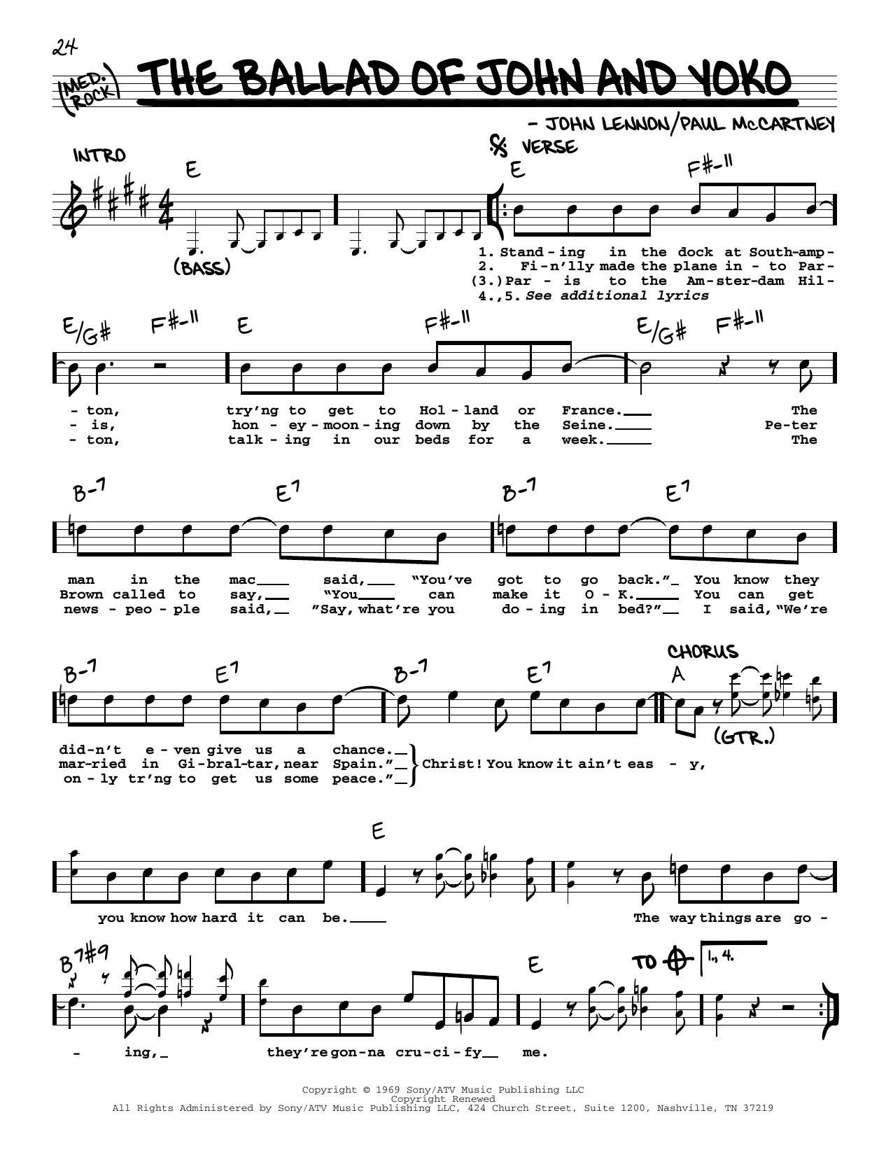 The Beatles The Ballad Of John And Yoko [Jazz version] sheet music notes and chords arranged for Real Book – Melody, Lyrics & Chords