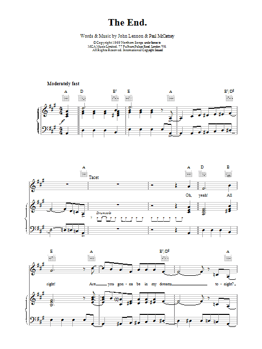 The Beatles The End sheet music notes and chords arranged for Piano, Vocal & Guitar Chords