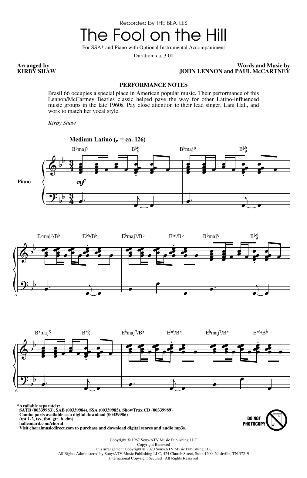 The Beatles The Fool On The Hill (arr. Kirby Shaw) sheet music notes and chords arranged for SSA Choir