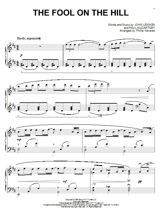 The Beatles The Fool On The Hill (arr. Phillip Keveren) sheet music notes and chords arranged for Piano Solo