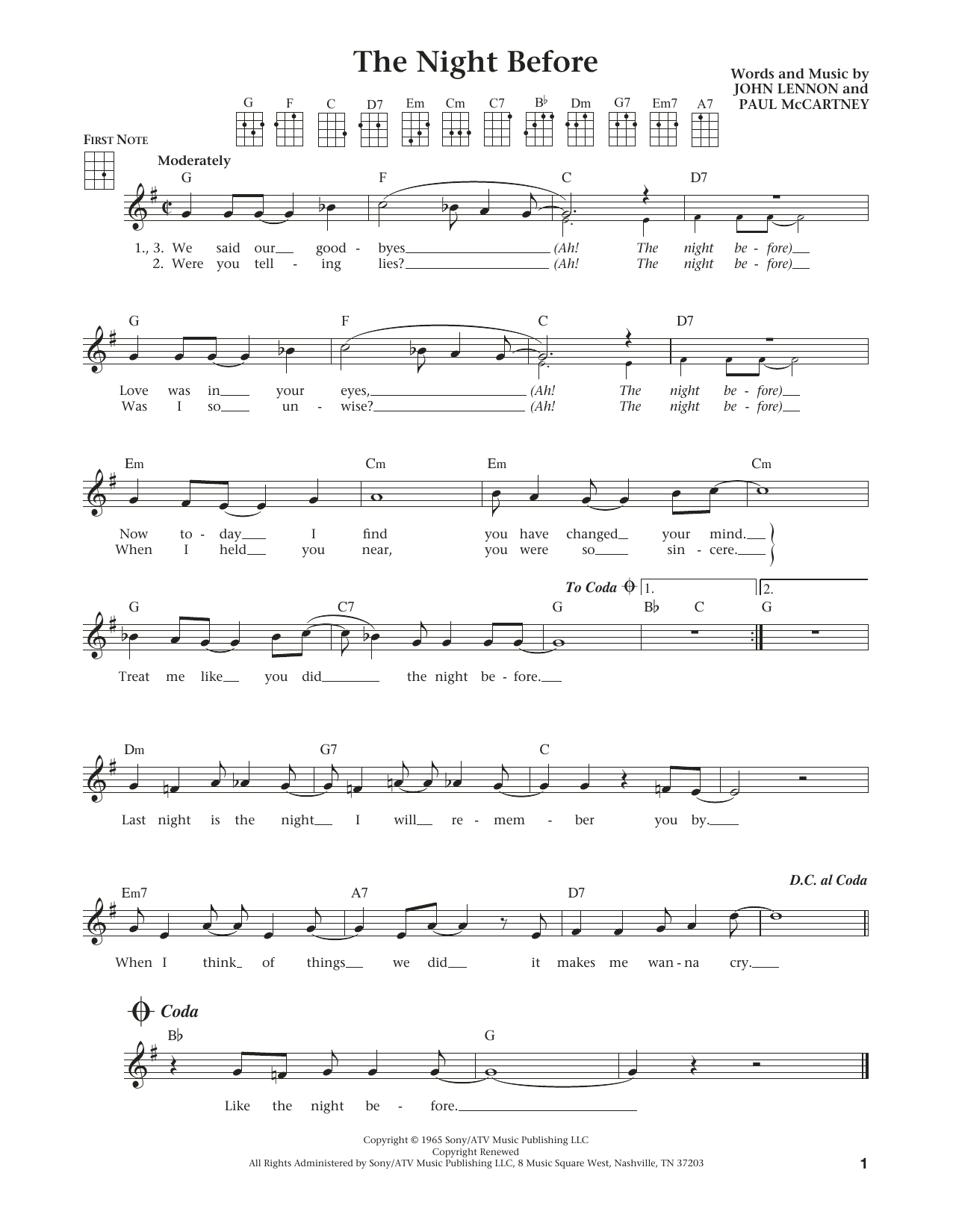 The Beatles The Night Before (from The Daily Ukulele) (arr. Liz and Jim Beloff) sheet music notes and chords arranged for Ukulele