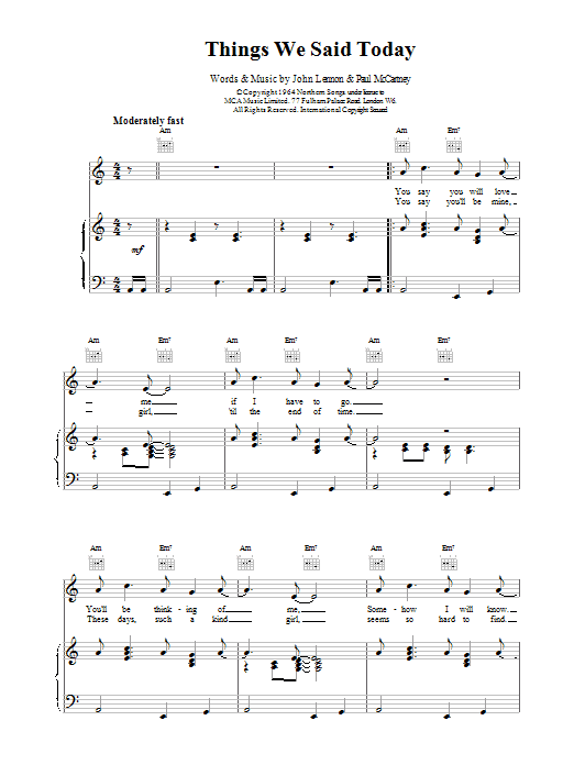The Beatles Things We Said Today sheet music notes and chords arranged for Clarinet Solo