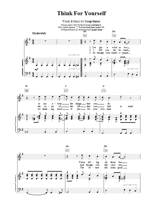 The Beatles Think For Yourself sheet music notes and chords arranged for Piano, Vocal & Guitar Chords (Right-Hand Melody)
