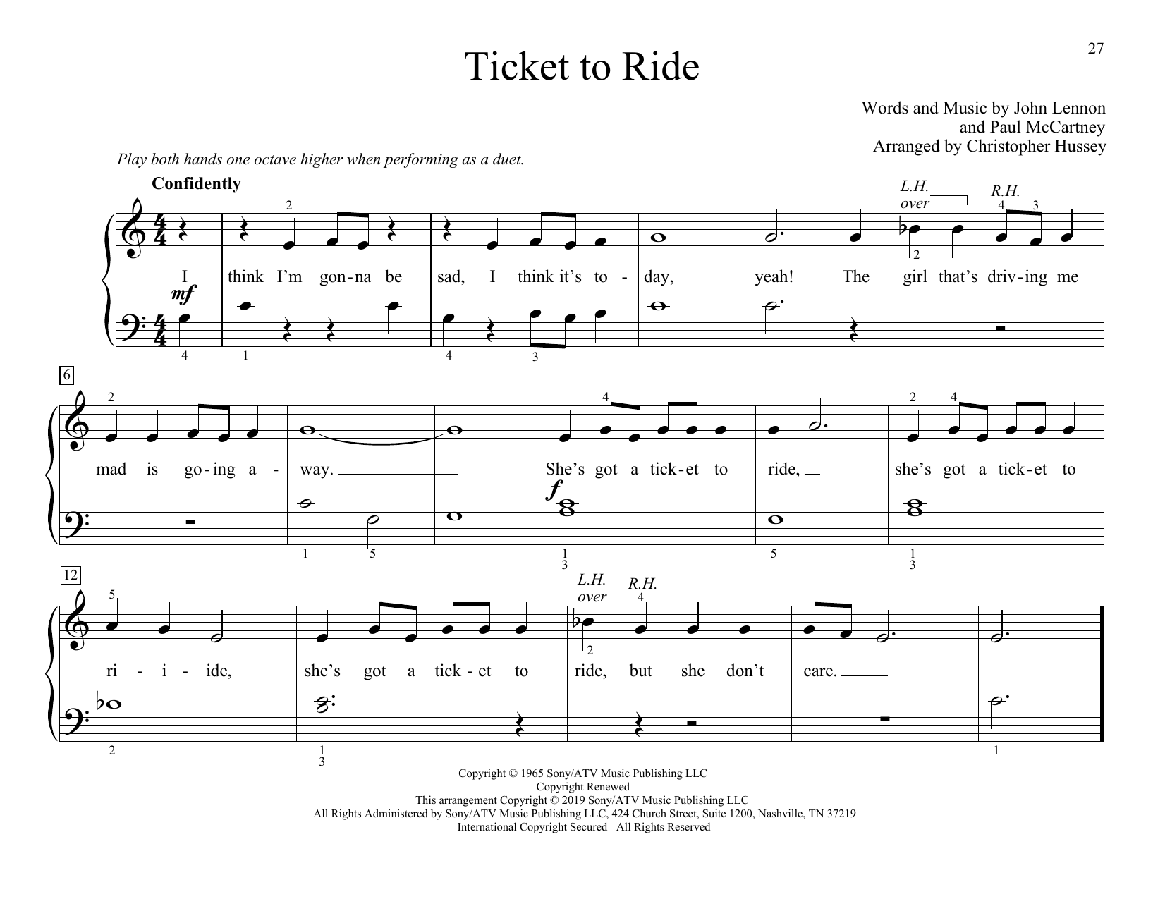The Beatles Ticket To Ride (arr. Christopher Hussey) sheet music notes and chords arranged for Piano Duet