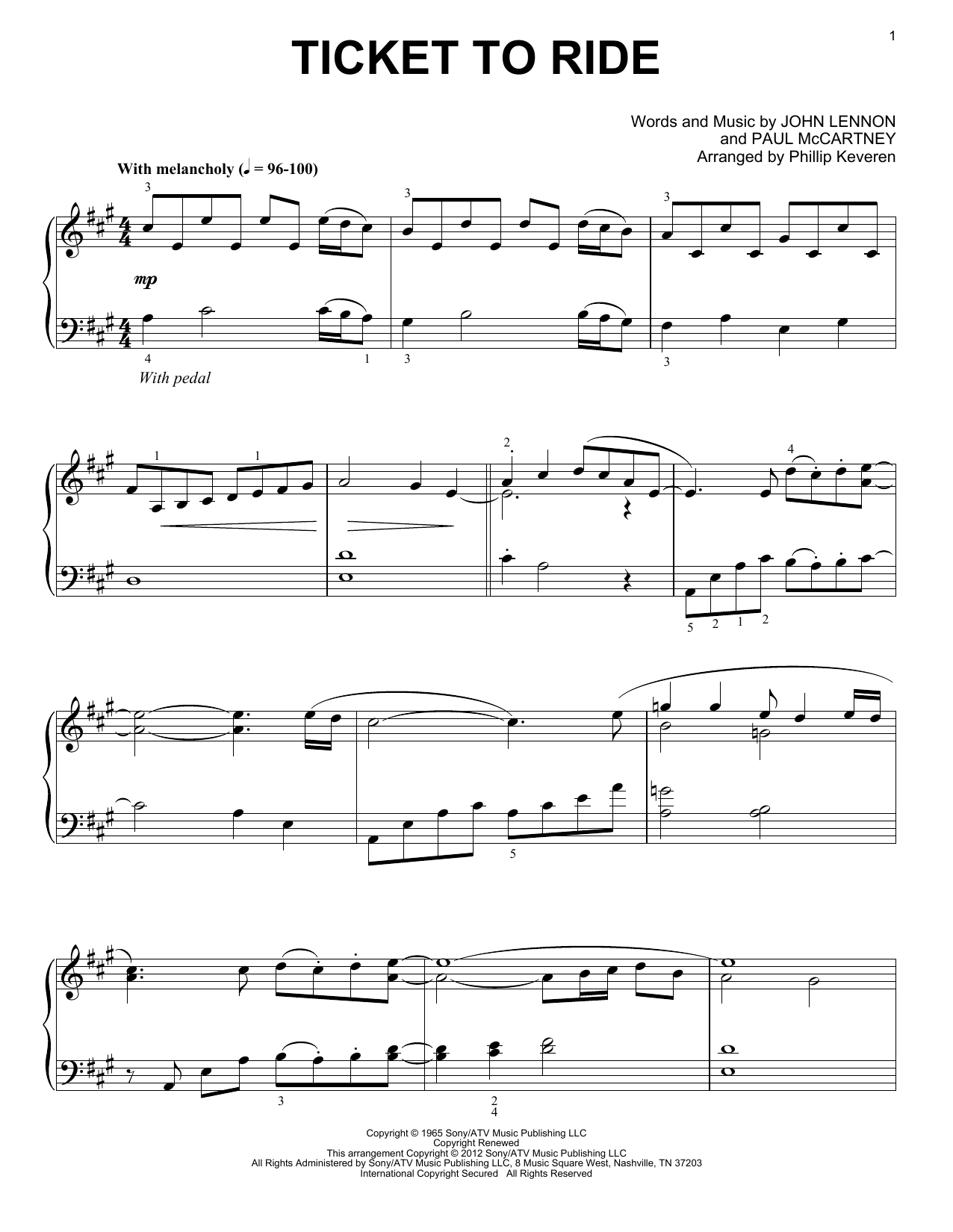The Beatles Ticket To Ride [Classical version] (arr. Phillip Keveren) sheet music notes and chords arranged for Easy Piano