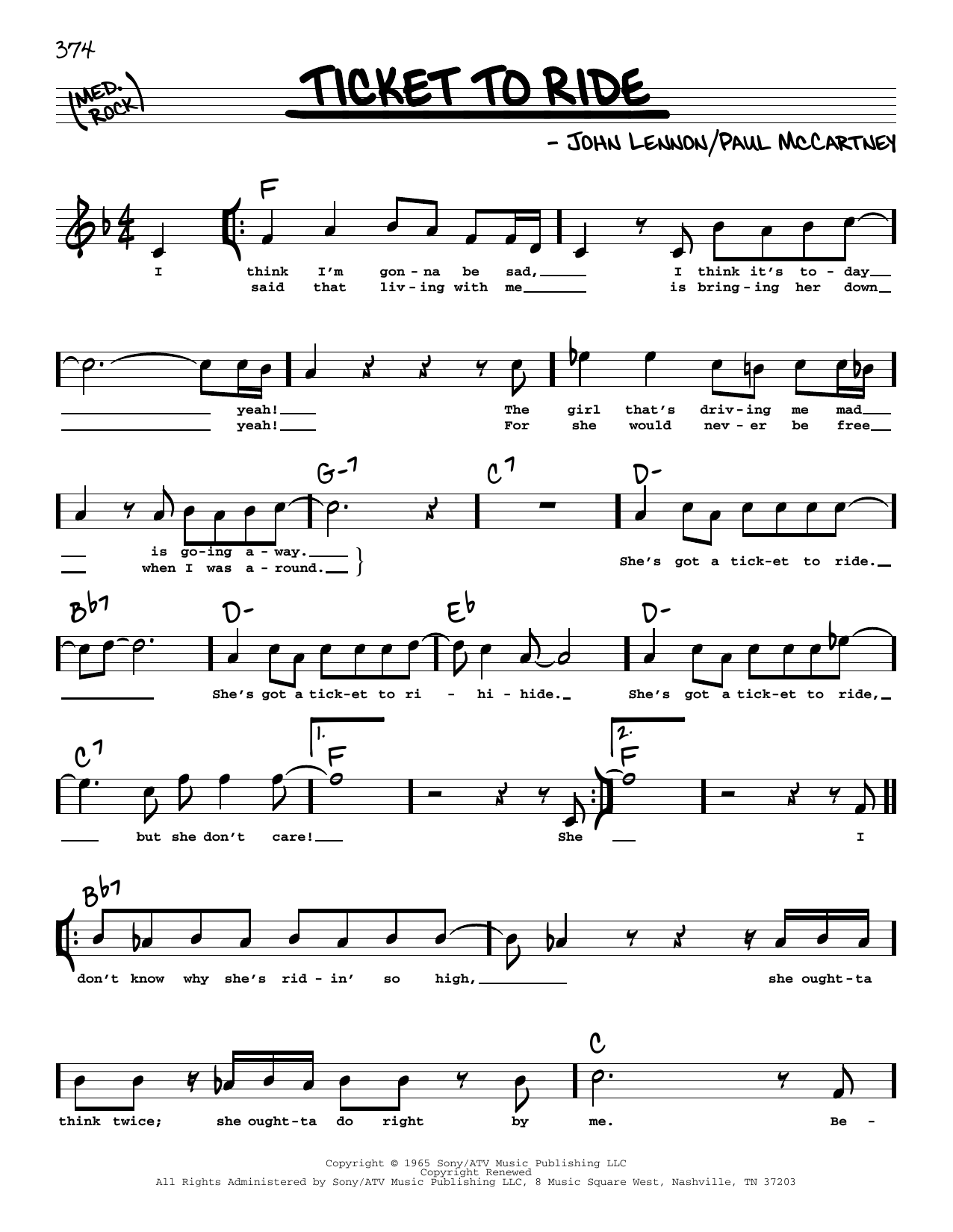 The Beatles Ticket To Ride (High Voice) sheet music notes and chords arranged for Real Book – Melody, Lyrics & Chords
