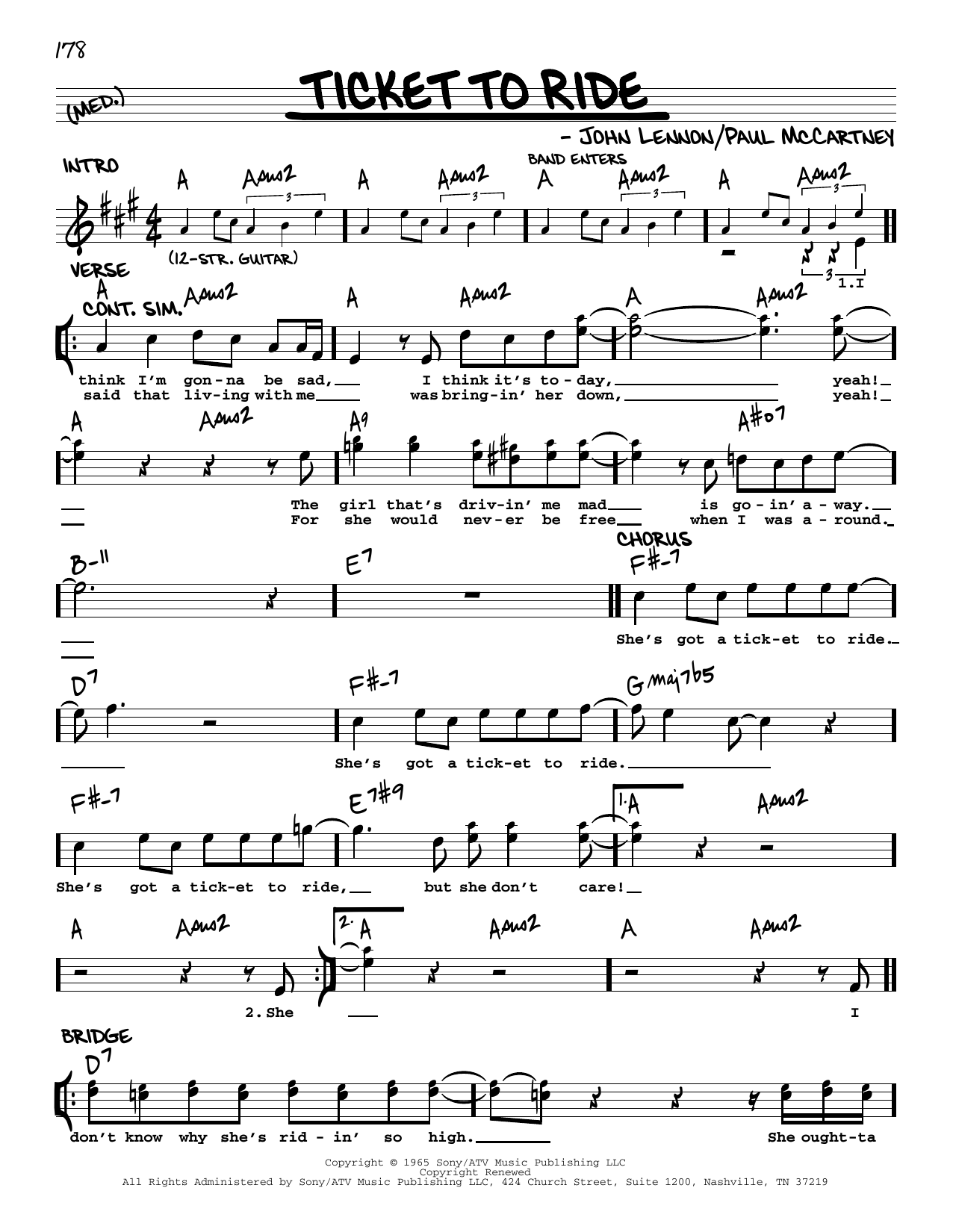 The Beatles Ticket To Ride [Jazz version] sheet music notes and chords arranged for Real Book – Melody, Lyrics & Chords
