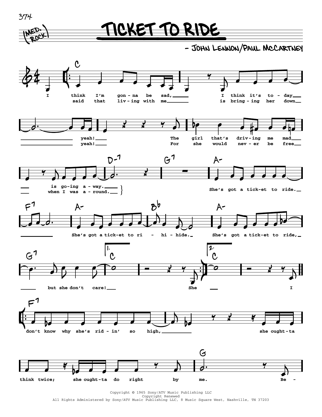 The Beatles Ticket To Ride (Low Voice) sheet music notes and chords arranged for Real Book – Melody, Lyrics & Chords
