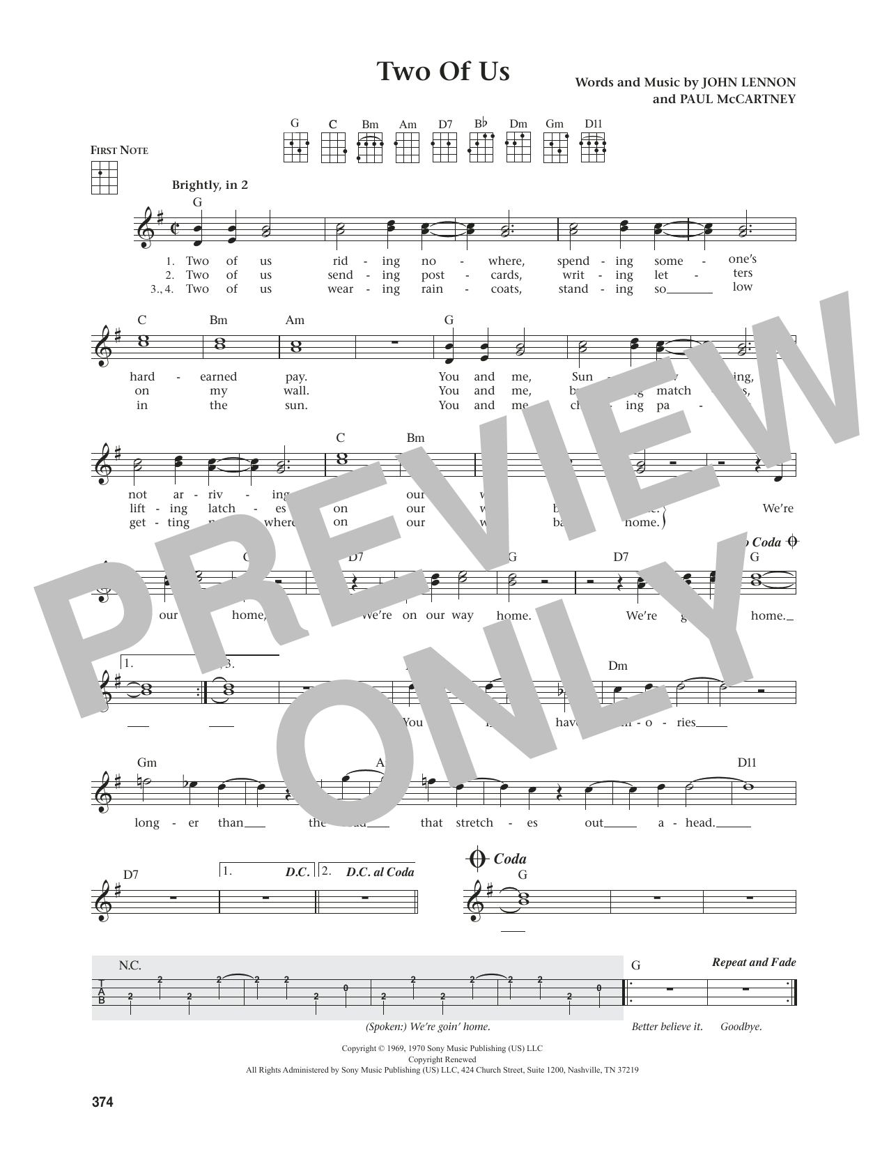 The Beatles Two Of Us (from The Daily Ukulele) (arr. Jim Beloff) sheet music notes and chords arranged for Ukulele